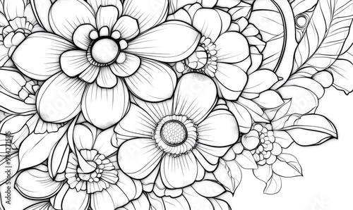 Wallpaper Mural Line art illustration featuring a circular floral pattern in mehndi style designed for a coloring book page Stress relief activity for both adults and children Black and white doodle ornament Torontodigital.ca