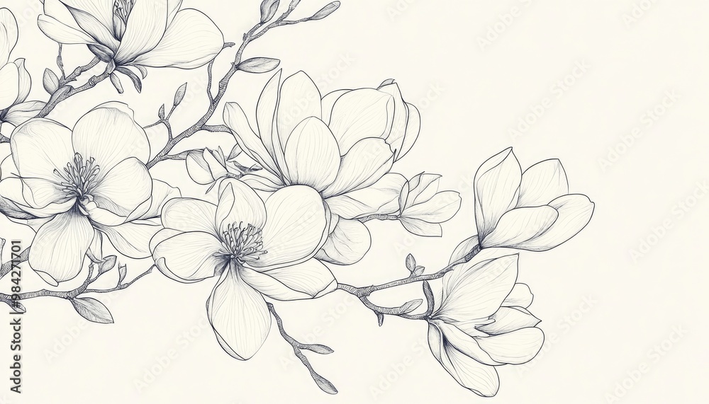 Line art illustration of blossoming magnolias in spring symbolizing beauty and inspiration Line art illustration of blossoming magnolias in spring symbolizing beauty and inspiration