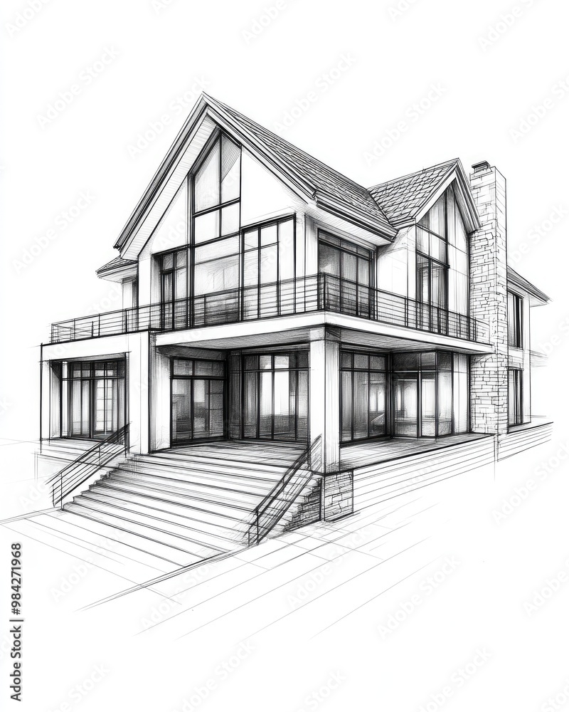 Line art illustration depicting the architectural concept of a house building in a 3D sketch format Line art illustration depicting the architectural concept of a house building in a 3D sketch format