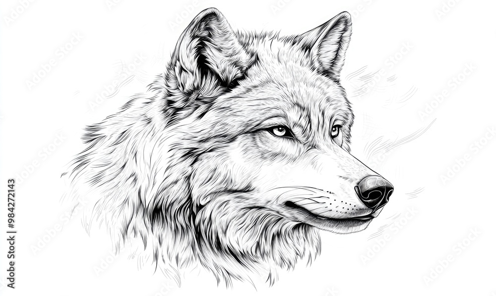 Black and white line art illustration of a wolf Black and white line art illustration of a wolf