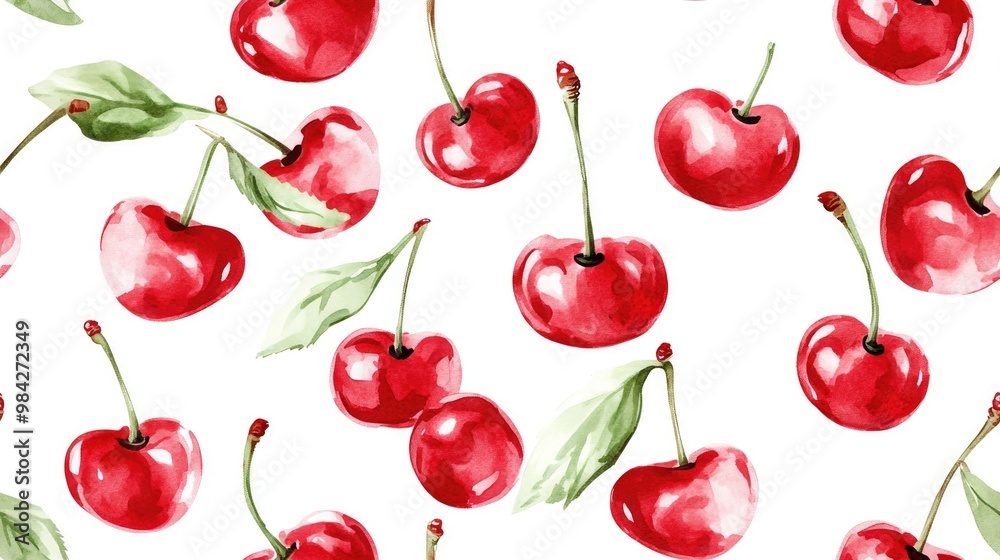 Seamless watercolor pattern featuring red cherries on a white background Seamless watercolor pattern featuring red cherries on a white background