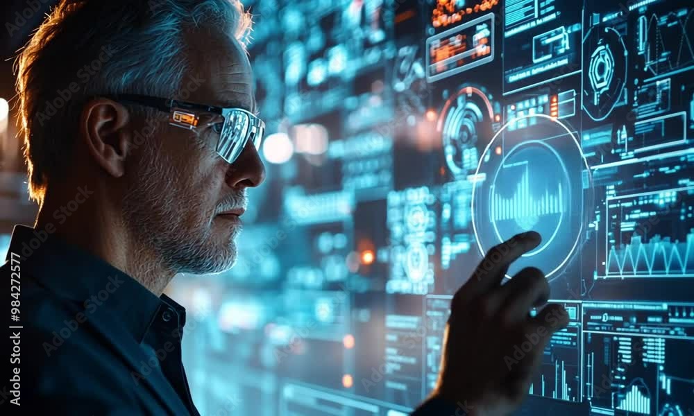 A person interacting with a digital interface displaying data and analytics. A person interacting with a digital interface displaying data and analytics.