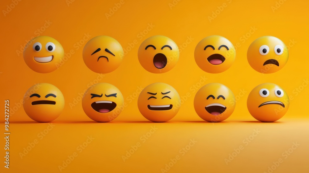 A set of ten 3D emoji icons with different expressions, including happy, sad, surprised, laughing, and angry, arranged in two rows on a vibrant orange background. A set of ten 3D emoji icons with different expressions, including happy, sad, surprised, laughing, and angry, arranged in two rows on a vibrant orange background.
