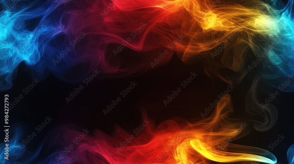 Movement of colorful smoke on a black background featuring shades of blue red and yellow Movement of colorful smoke on a black background featuring shades of blue red and yellow
