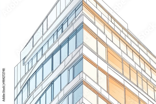 Line art illustration showcasing architectural details of a modern building with a bronze aluminum facade at the corner