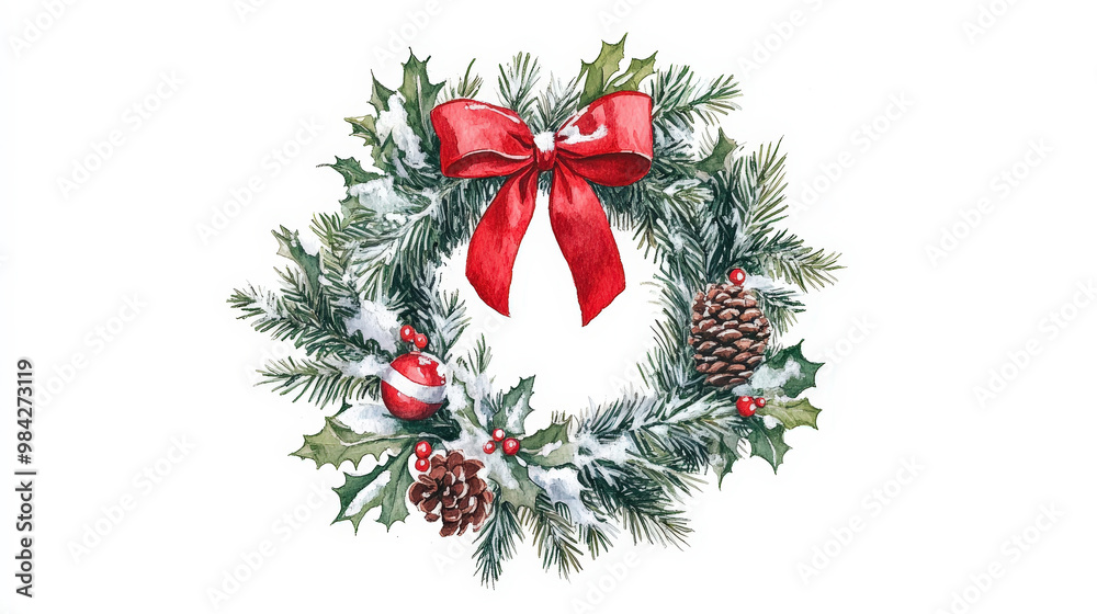 Festive Christmas Wreath with Red Bow and Pinecones Festive Christmas Wreath with Red Bow and Pinecones