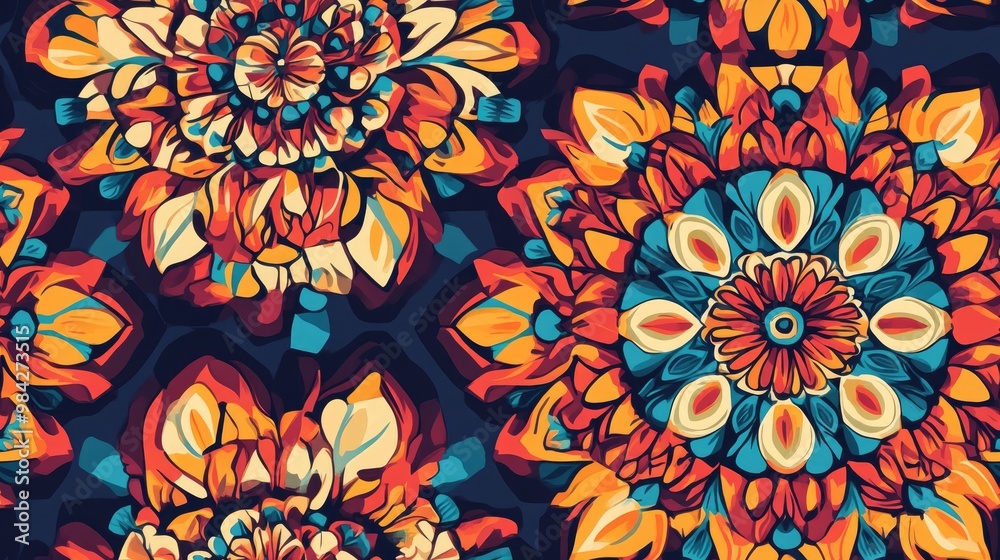 Colorful fabric design featuring a seamless background pattern with mandala elements suitable for print and digital illustration Colorful fabric design featuring a seamless background pattern with mandala elements suitable for print and digital illustration