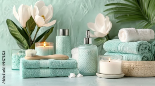 Spa atmosphere folded towels, glowing candle, brush, body oils, salts, and Magnolia blossoms in a natural setting, soft pastel palette