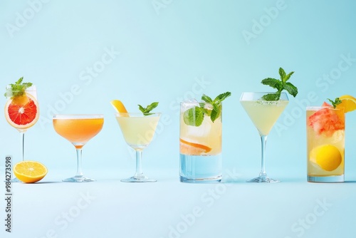 An elegant row of refreshing cocktails in modern glassware, lined up against a soft pastel blue