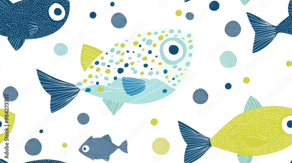 Fototapeta premium Adorable illustration featuring line drawn fish with polka dots in white green and blue hues Raster format