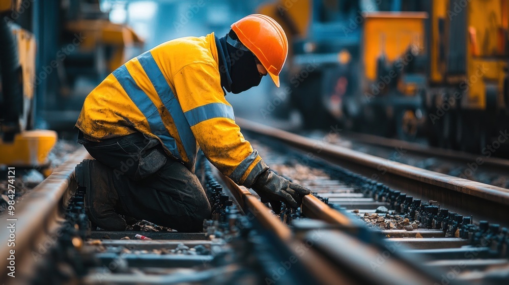 A construction worker kneels on railroad tracks, inspecting the rails. A construction worker kneels on railroad tracks, inspecting the rails.
