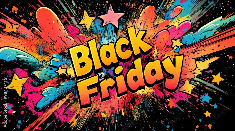 Fototapeta premium Dynamic and colorful Black Friday text exploding with stars and confetti
