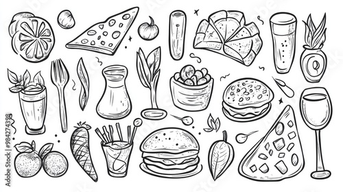 Line art illustration of hand drawn food elements designed for menu decoration Features simple stylized black and white cartoon forms