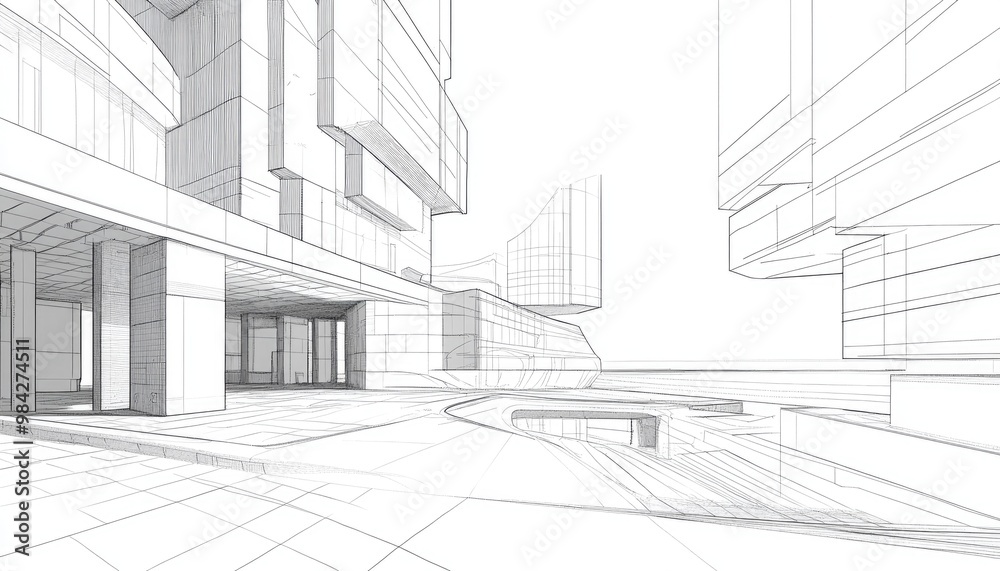 Line art illustration showcasing architectural design in a 3D perspective Line art illustration showcasing architectural design in a 3D perspective