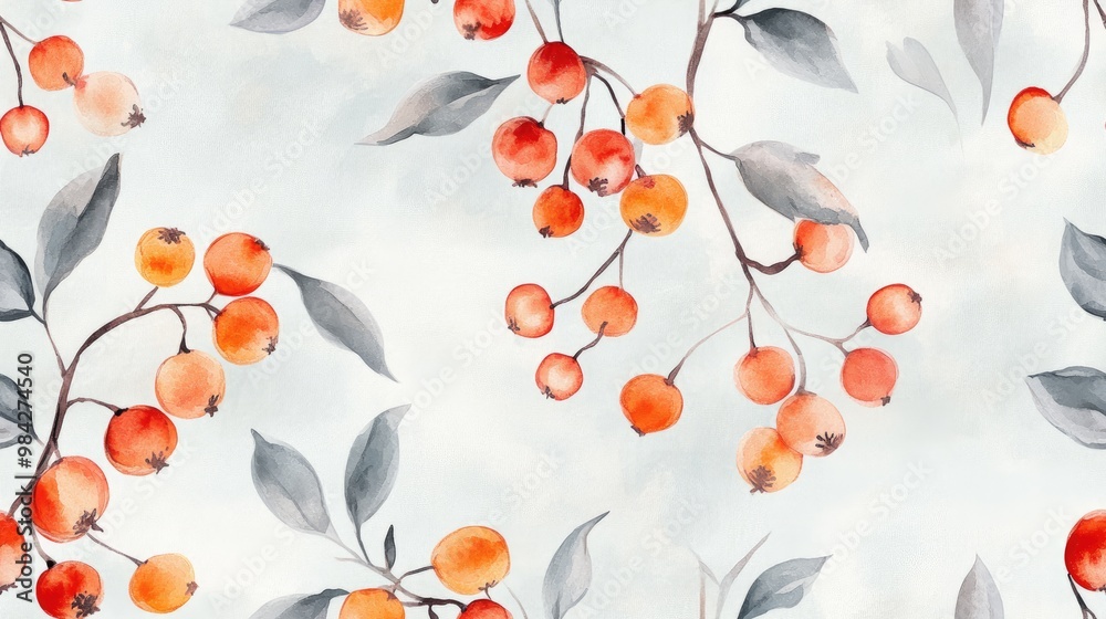 Seamless pattern featuring hand drawn red and orange berries in watercolor on a grey background suitable for card designs and creative projects illustrated in pastel Seamless pattern featuring hand drawn red and orange berries in watercolor on a grey background suitable for card designs and creative projects illustrated in pastel