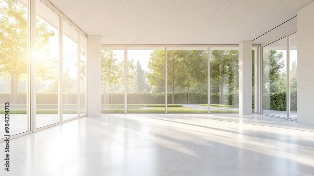 Obraz premium An open and bright empty room, bathed in natural light from large floor-to-ceiling windows