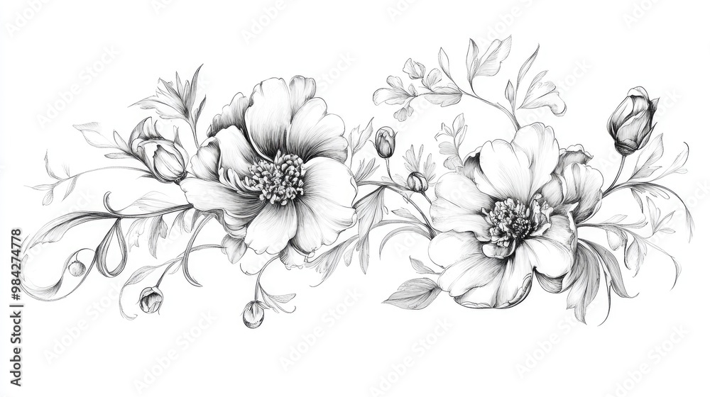 Fototapeta Line art illustration featuring vintage floral design elements against a white background