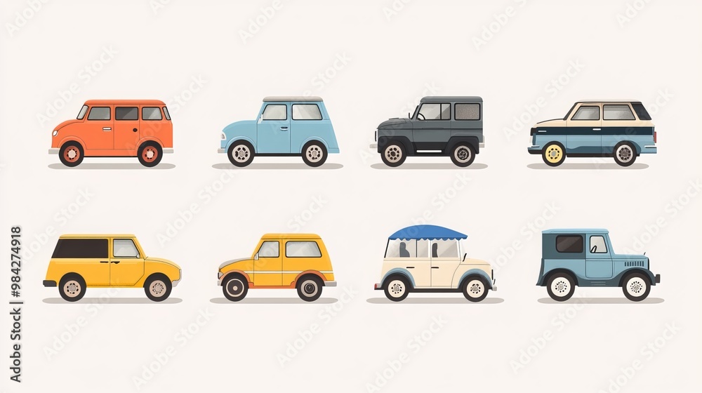 Charming and whimsical collection of vehicles with a flat, minimalist visual aesthetic. These adorable cars exude cuteness and simplicity, capturing the essence of cartoonish charm Charming and whimsical collection of vehicles with a flat, minimalist visual aesthetic. These adorable cars exude cuteness and simplicity, capturing the essence of cartoonish charm