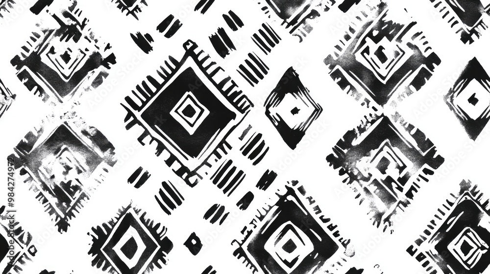 Fototapeta premium Seamless monochrome pattern featuring black and white ethnic elements with a watercolor effect suitable for textile prints fashion designs and packaging