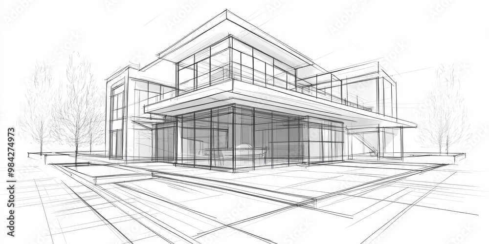 Line art illustration showcasing a conceptual sketch of house building architecture in a 3D perspective Line art illustration showcasing a conceptual sketch of house building architecture in a 3D perspective