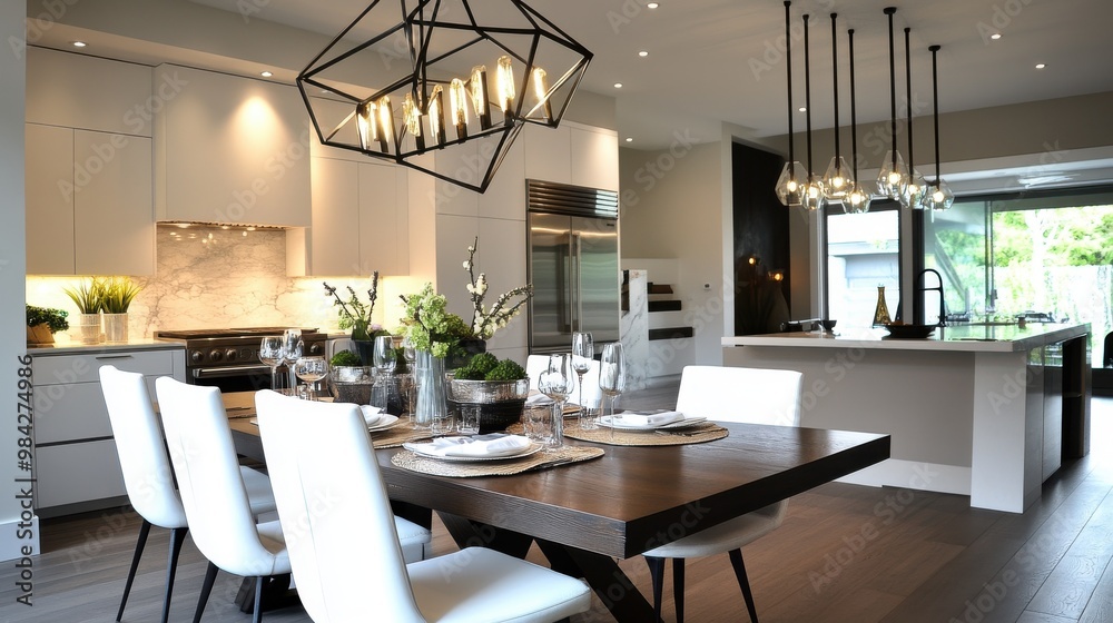Fototapeta premium An open-concept dining and kitchen area featuring a dark wood dining table with white