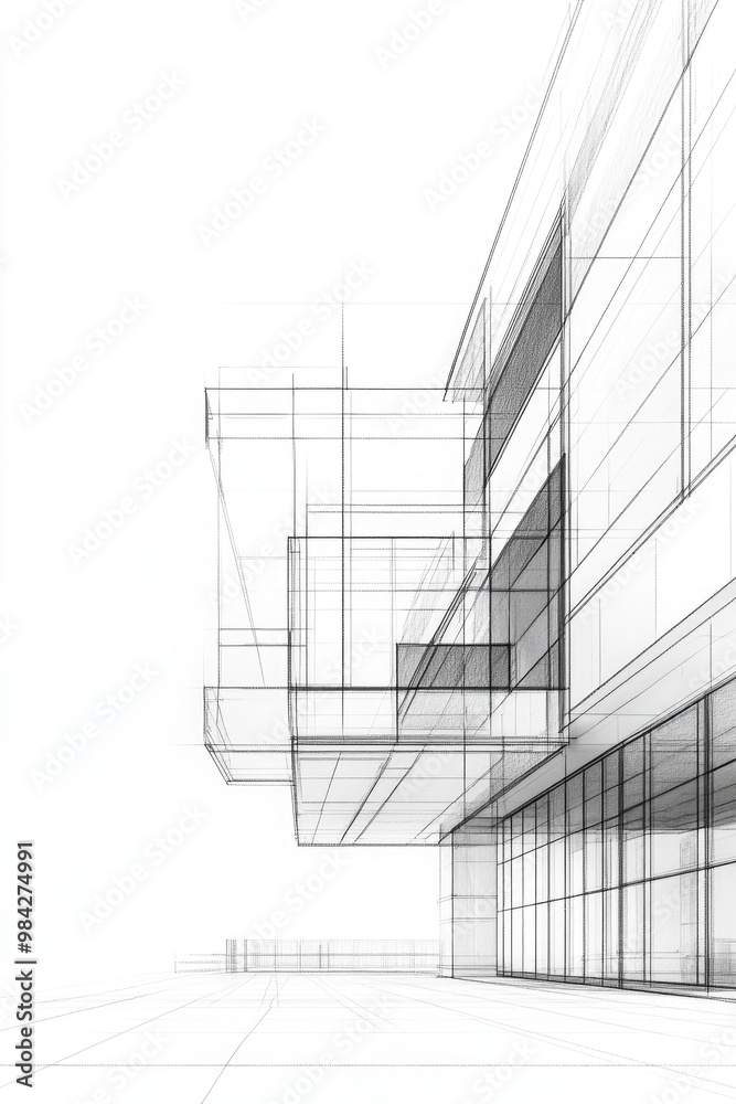 Abstract architectural drawing of a building in a line art style presented as a 3D illustration