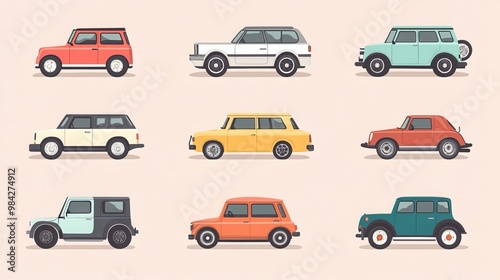 Charming and whimsical collection of vehicles with a flat, minimalist visual aesthetic. These adorable cars exude cuteness and simplicity, capturing the essence of cartoonish charm