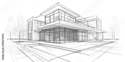 Line art illustration showcasing a conceptual sketch of house building architecture in a 3D perspective