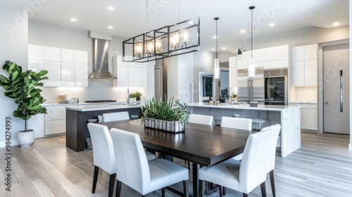 An open-concept dining and kitchen area featuring a dark wood dining table with white