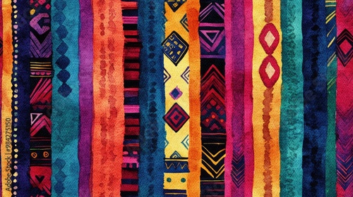 Colorful geometric tribal seamless pattern with hand painted stripes featuring ethnic motifs Watercolor ethnic background