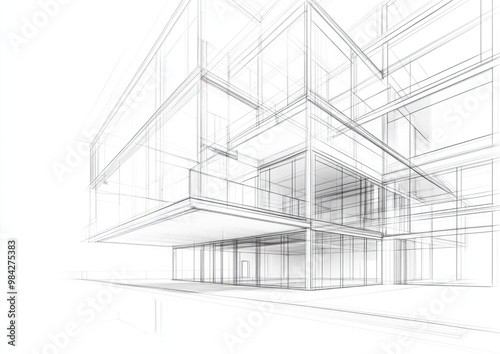 Line art illustration depicting a conceptual architectural design in 3D format