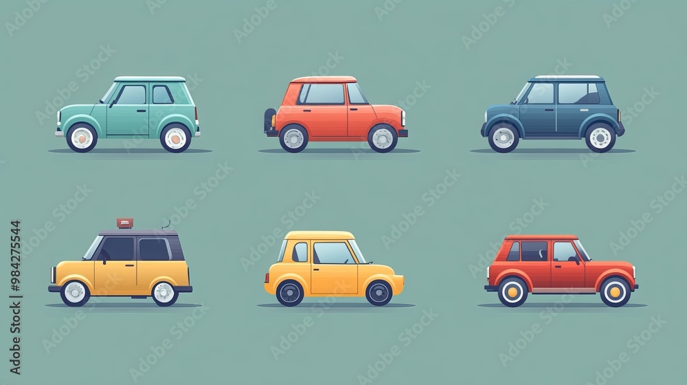 Charming and whimsical collection of vehicles with a flat, minimalist visual aesthetic. These adorable cars exude cuteness and simplicity, capturing the essence of cartoonish charm Charming and whimsical collection of vehicles with a flat, minimalist visual aesthetic. These adorable cars exude cuteness and simplicity, capturing the essence of cartoonish charm