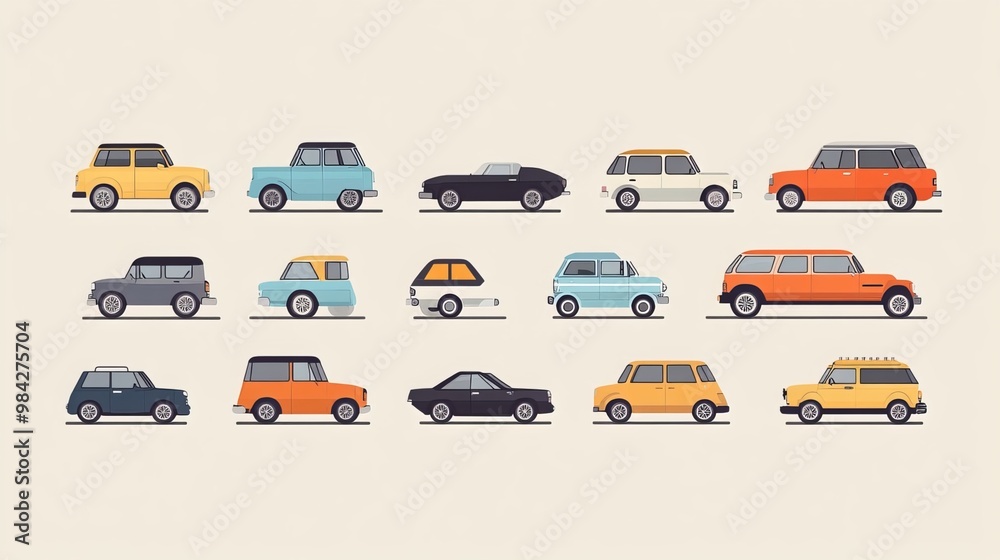 Charming and whimsical collection of vehicles with a flat, minimalist visual aesthetic. These adorable cars exude cuteness and simplicity, capturing the essence of cartoonish charm