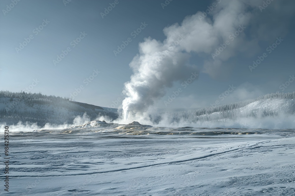 Obraz premium Geyser erupting amid winter landscape in Yellowstone National Park