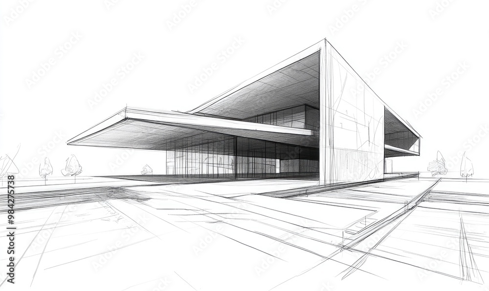 Line art illustration depicting a conceptual sketch of architectural design in a 3D rendering style Line art illustration depicting a conceptual sketch of architectural design in a 3D rendering style