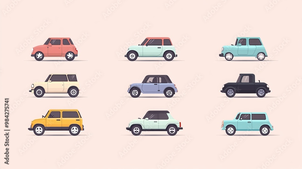 Charming and whimsical collection of vehicles with a flat, minimalist visual aesthetic. These adorable cars exude cuteness and simplicity, capturing the essence of cartoonish charm Charming and whimsical collection of vehicles with a flat, minimalist visual aesthetic. These adorable cars exude cuteness and simplicity, capturing the essence of cartoonish charm