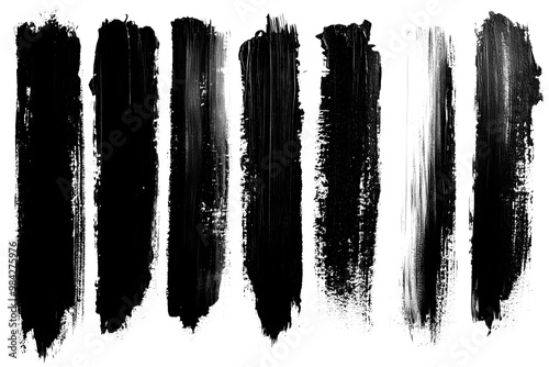 Seven different black paint strokes arranged in a horizontal line, each stroke featuring varied textures and artistic styles.