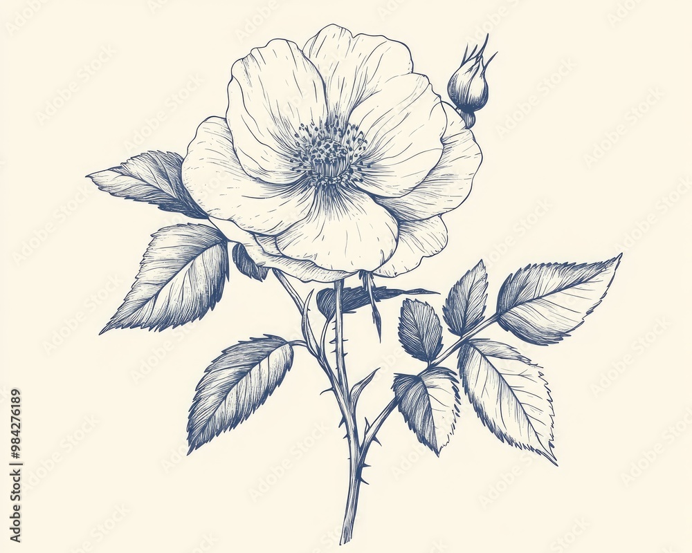 Line art illustration of a wild rose flower on a white background Vintage hand drawn design Line art illustration of a wild rose flower on a white background Vintage hand drawn design