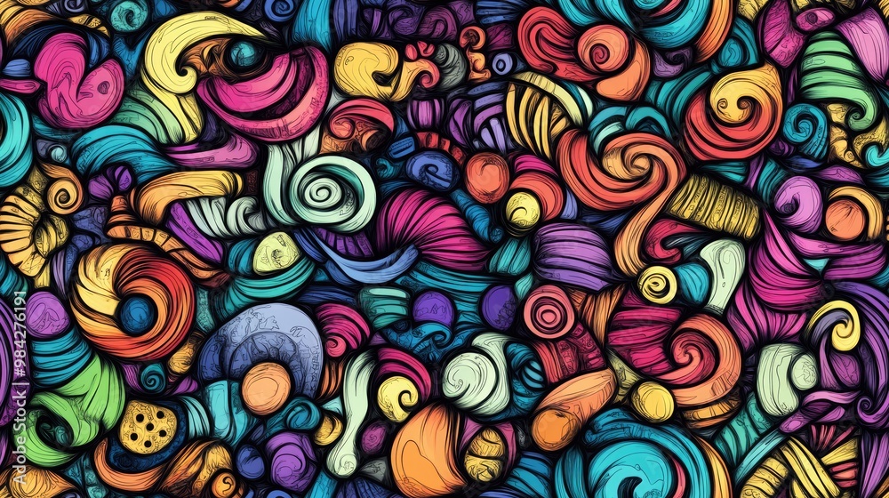 Radial gradient shape with cartoon hand drawn doodles Seamless pattern featuring colorful details and numerous objects in a raster background Radial gradient shape with cartoon hand drawn doodles Seamless pattern featuring colorful details and numerous objects in a raster background