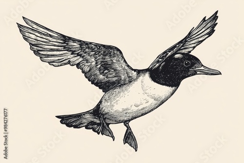 Line art illustration of a Black Guillemot featuring a bill that is significantly shorter than the head and comparable in length to the tarsus in a vintage drawing style photo