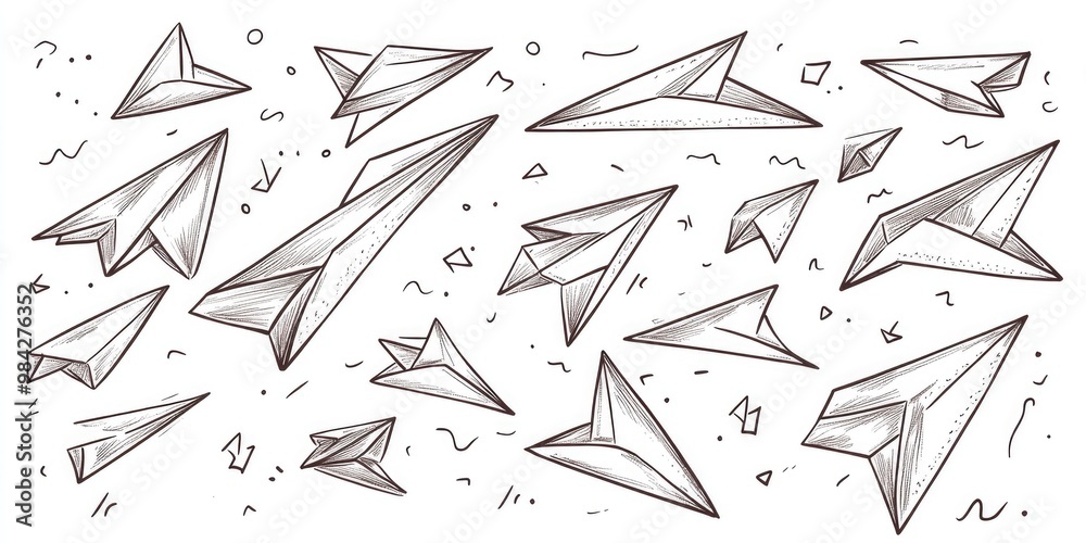 Line art illustration featuring a collection of hand drawn paper airplanes