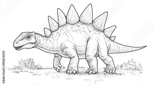 Line art illustration of a Stegosaurus dinosaur for kids to connect the dots and color