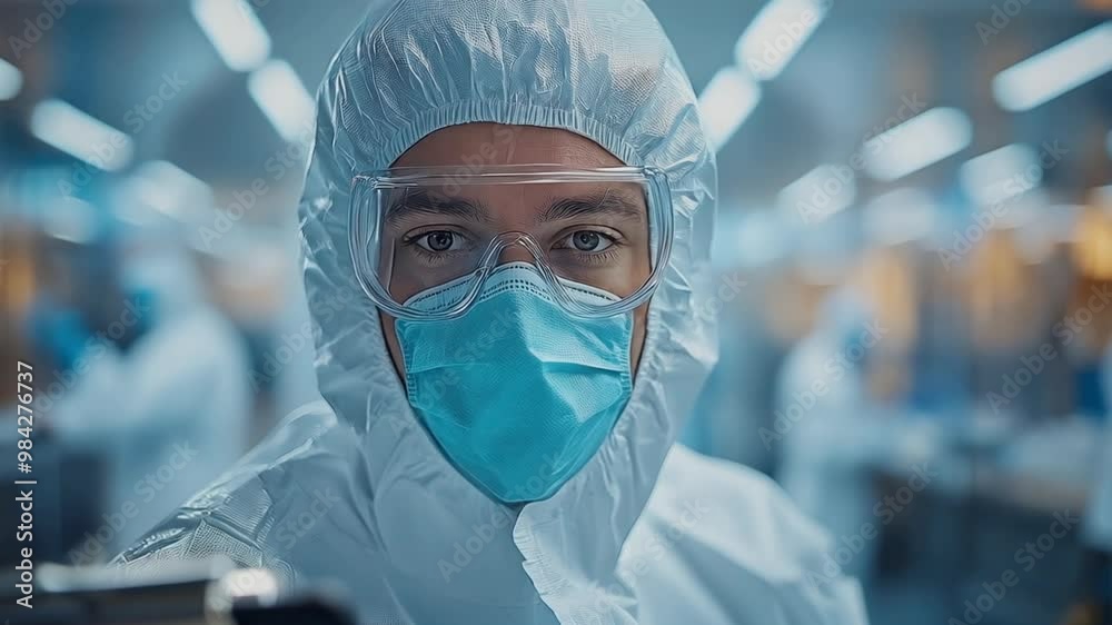 Scientist in Protective Gear Close-Up Close-up portrait of a male scientist wearing a mask, goggles, and protective suit in a laboratory. Scientist in Protective Gear Close-Up Close-up portrait of a male scientist wearing a mask, goggles, and protective suit in a laboratory.