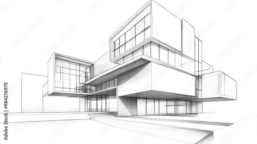 Line art illustration of contemporary architecture with a 3D perspective design Line art illustration of contemporary architecture with a 3D perspective design
