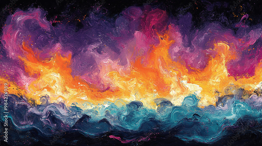Vibrant abstract painting showcasing fiery colors and flowing textures, perfect for adding a burst of creativity to any space. Vibrant abstract painting showcasing fiery colors and flowing textures, perfect for adding a burst of creativity to any space.