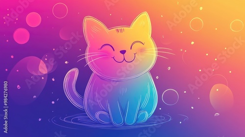 Line art illustration of a gradient cold colored drawing depicting a cheerful cartoon cat