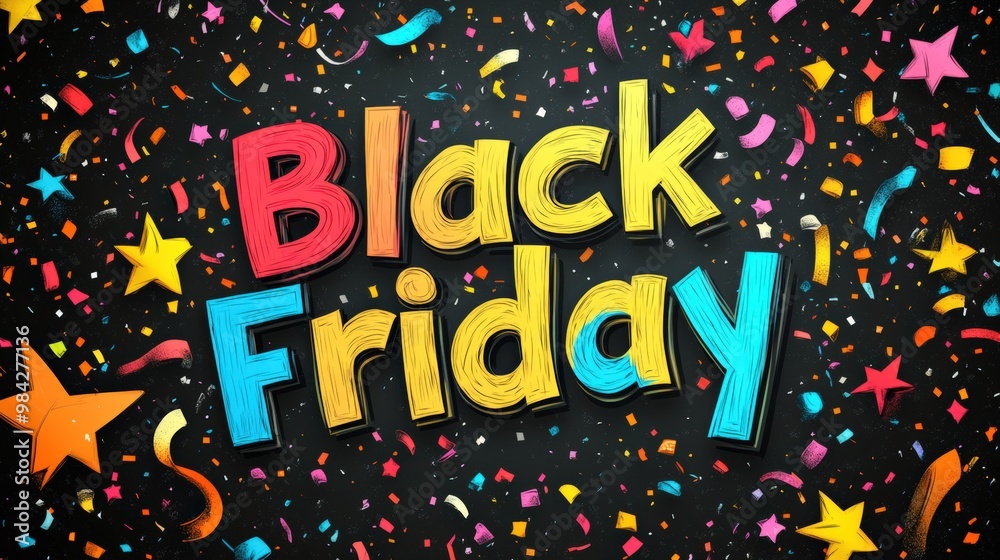 Dynamic and colorful Black Friday text exploding with stars and confetti Dynamic and colorful Black Friday text exploding with stars and confetti