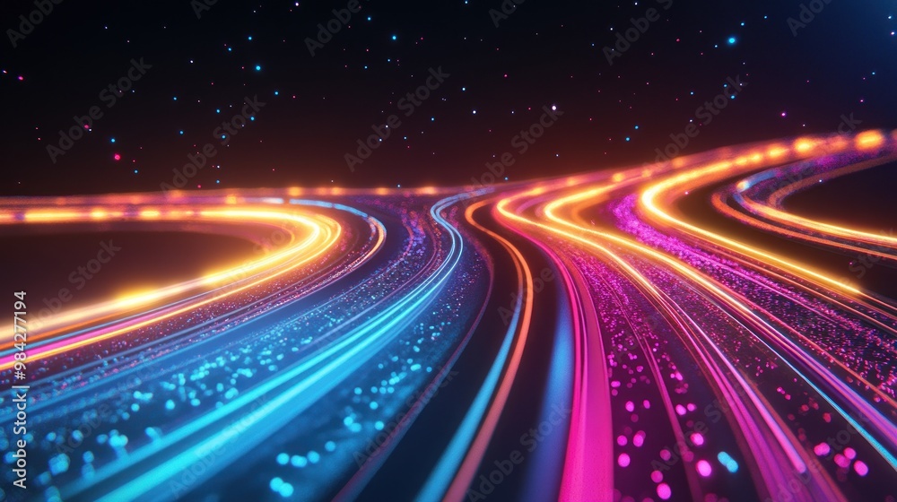 Abstract glowing lines with particles on a dark background.