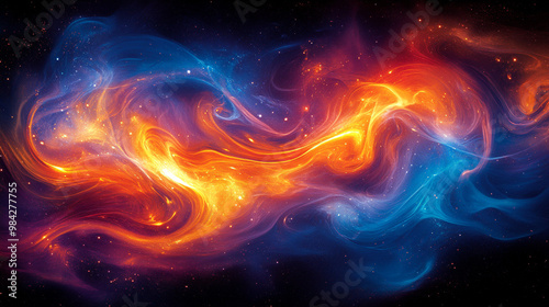 Vibrant cosmic swirl of colors showcasing the beauty of interstellar energy in shades of blue, orange, and gold against a dark backdrop.