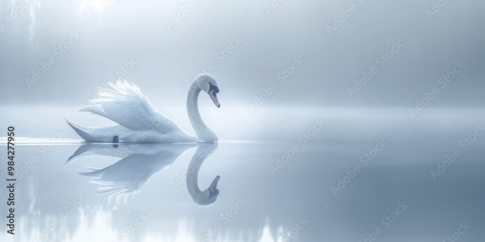 Naklejka premium A serene swan gliding across a calm lake, its white feathers